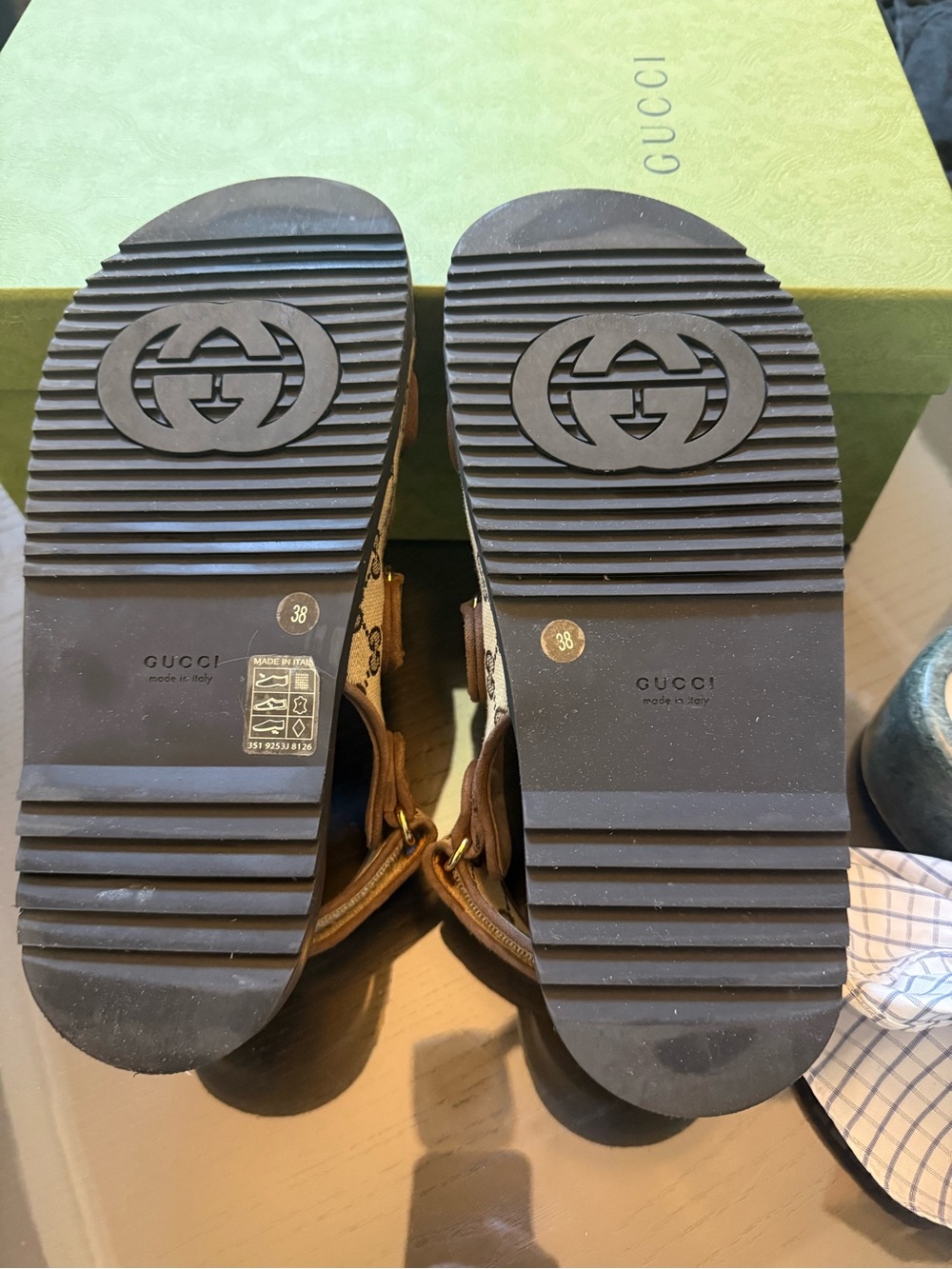Gucci Brown Beige GG Canvas Sandals with Gold Double-G Accent - Picture 4 of 9